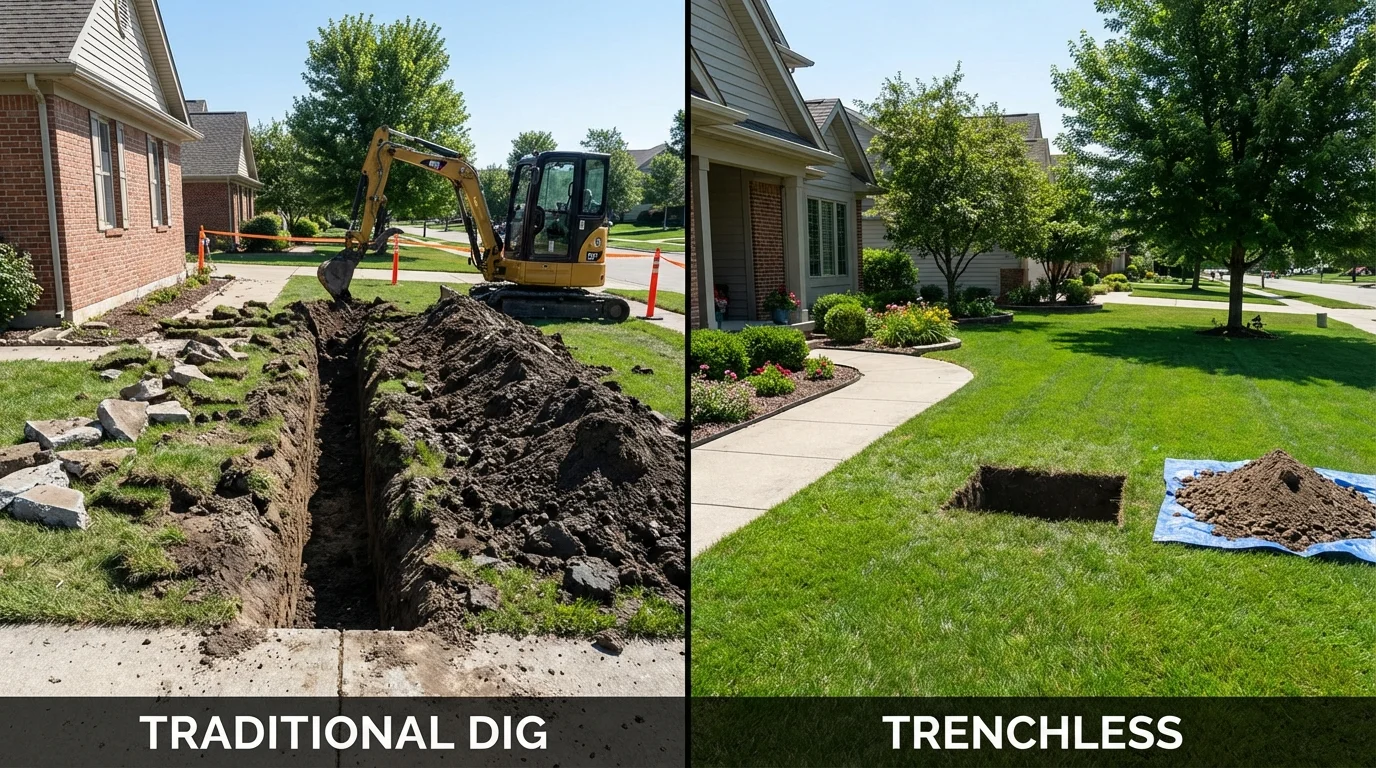Trenchless sewer repair with minimal yard damage versus traditional excavation in Belgrade, ME